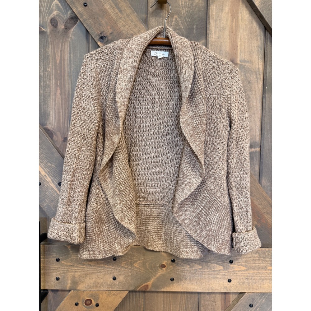 JJ Basics Cardigan Womens S Tan Good Marled Knit Waterfall Open Front Sweater